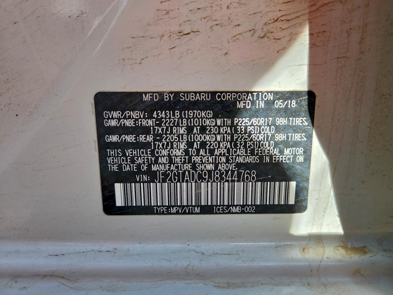 2018 Subaru Crosstrek Premium VIN: JF2GTADC9J8344768 Lot: 93956555