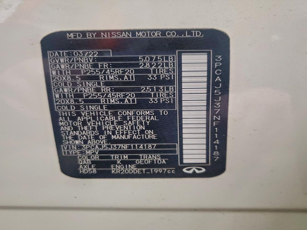 2022 Infiniti Qx55 Luxe VIN: 3PCAJ5J37NF114187 Lot: 93864615