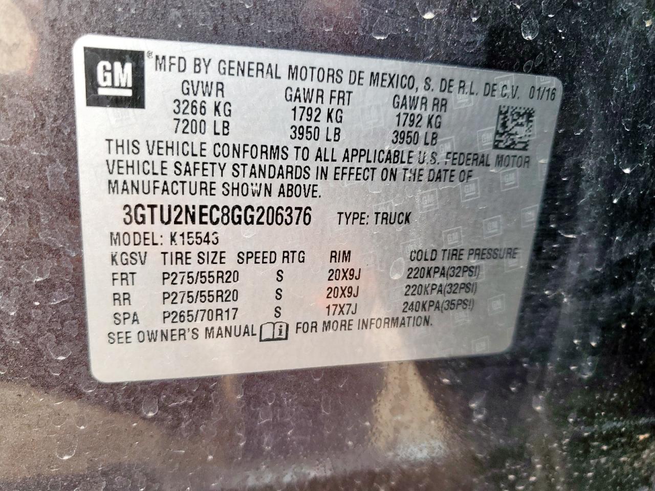 2016 GMC Sierra K1500 Slt VIN: 3GTU2NEC8GG206376 Lot: 93438395