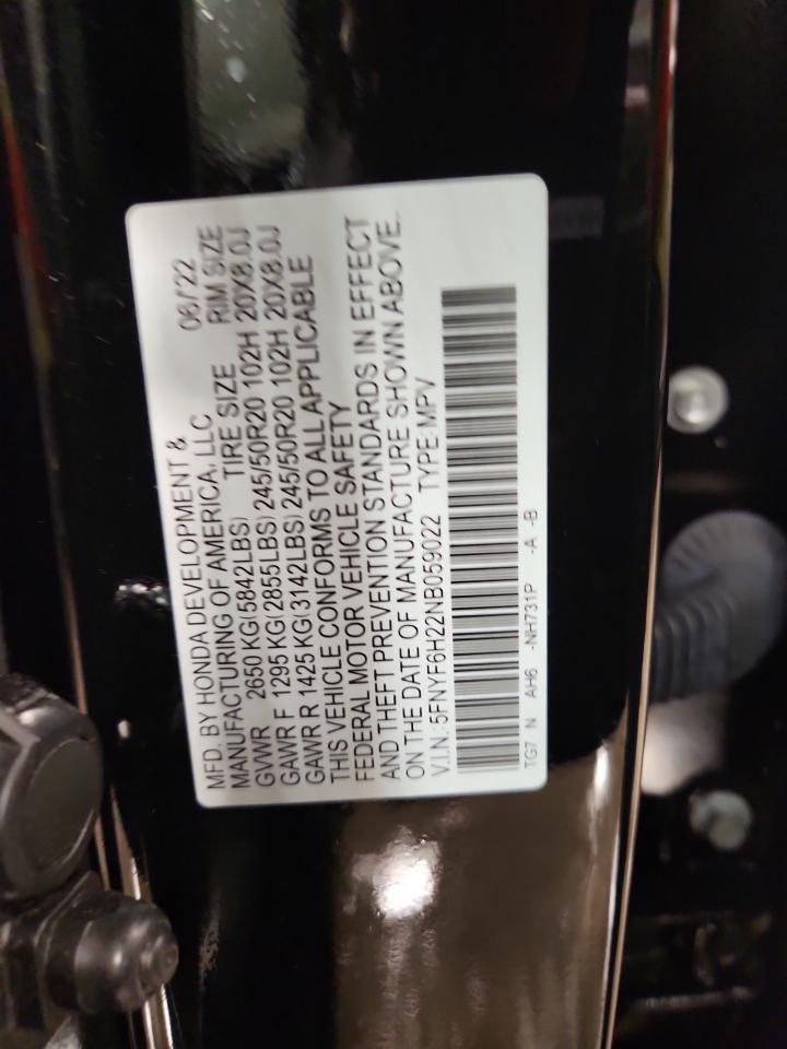 2022 Honda Pilot Se VIN: 5FNYF6H22NB059022 Lot: 92050375