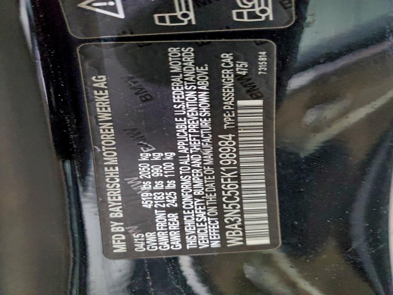 2015 BMW 428 Xi VIN: WBA3N5C56FK198984 Lot: 93922115