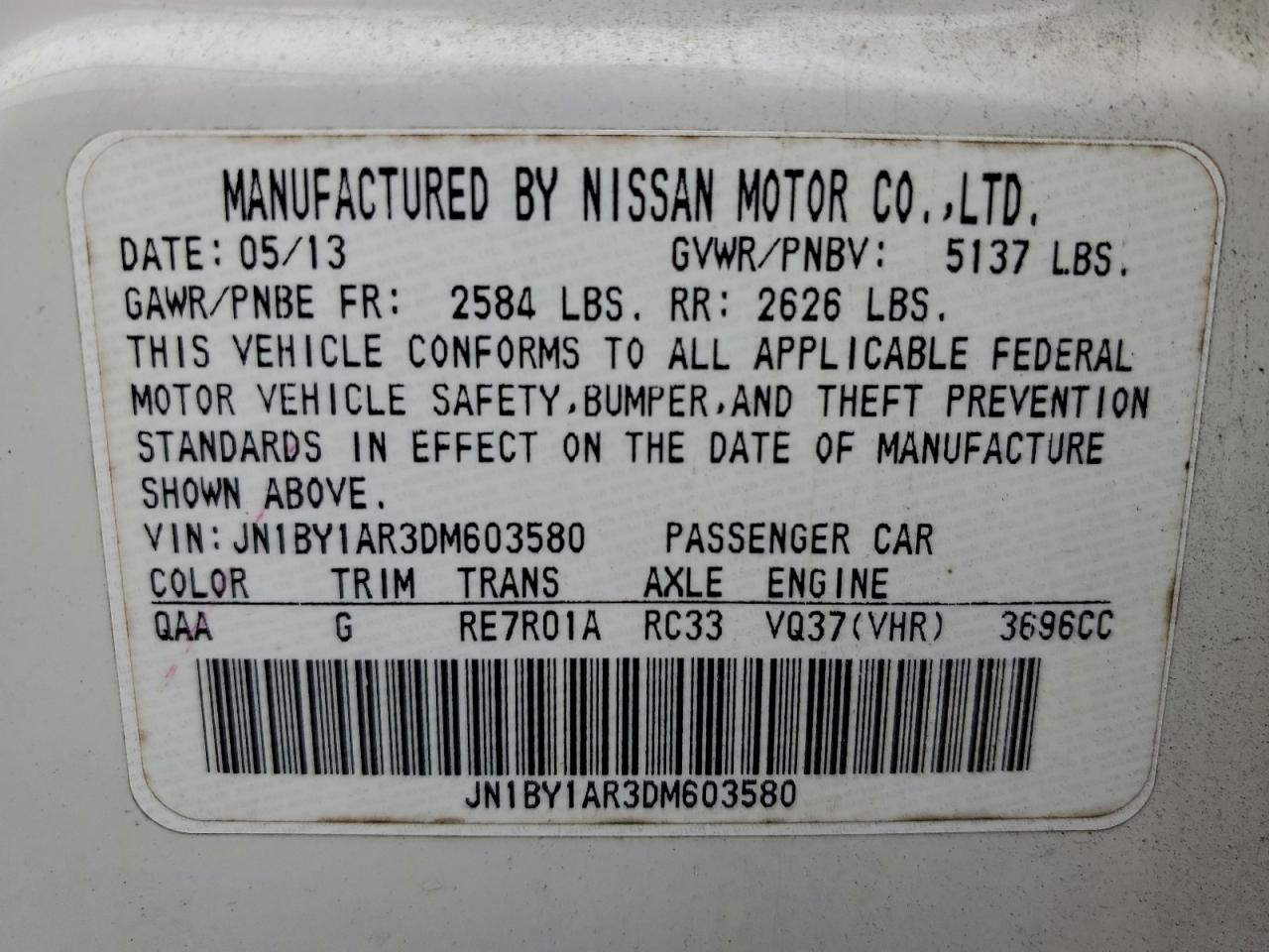 2013 Infiniti M37 X VIN: JN1BY1AR3DM603580 Lot: 93889605