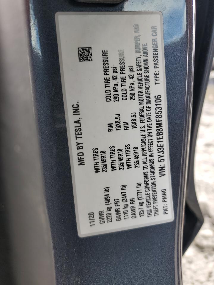 2021 Tesl Model 3 VIN: 5YJ3E1EB8MF853106 Lot: 91868575