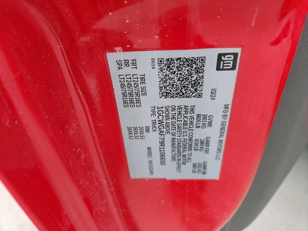 2024 Chevrolet Express G2500 VIN: 1GCWGAF79R1106650 Lot: 90519515