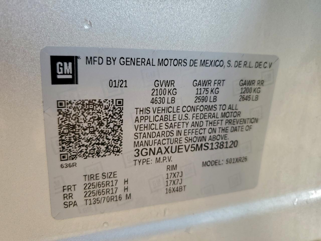 2021 Chevrolet Equinox Lt VIN: 3GNAXUEV5MS138120 Lot: 94173915