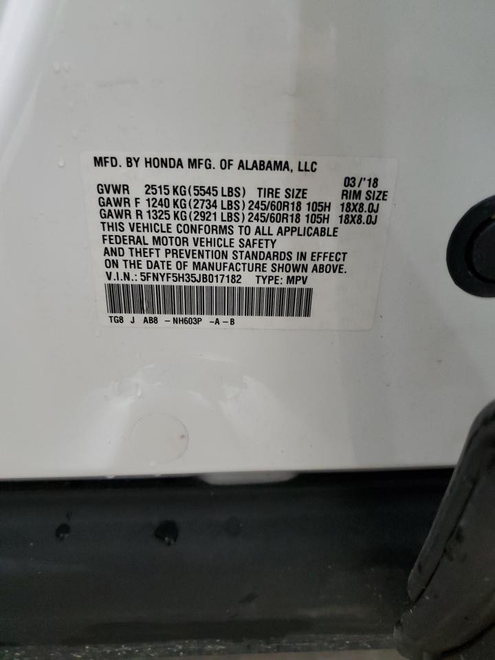 2018 Honda Pilot Ex VIN: 5FNYF5H35JB017182 Lot: 91286385