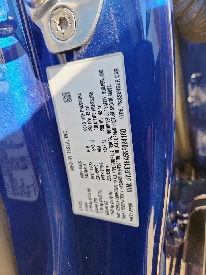2025 Tesla Model 3 VIN: 5YJ3E1EA5SF024160 Lot: 90884505