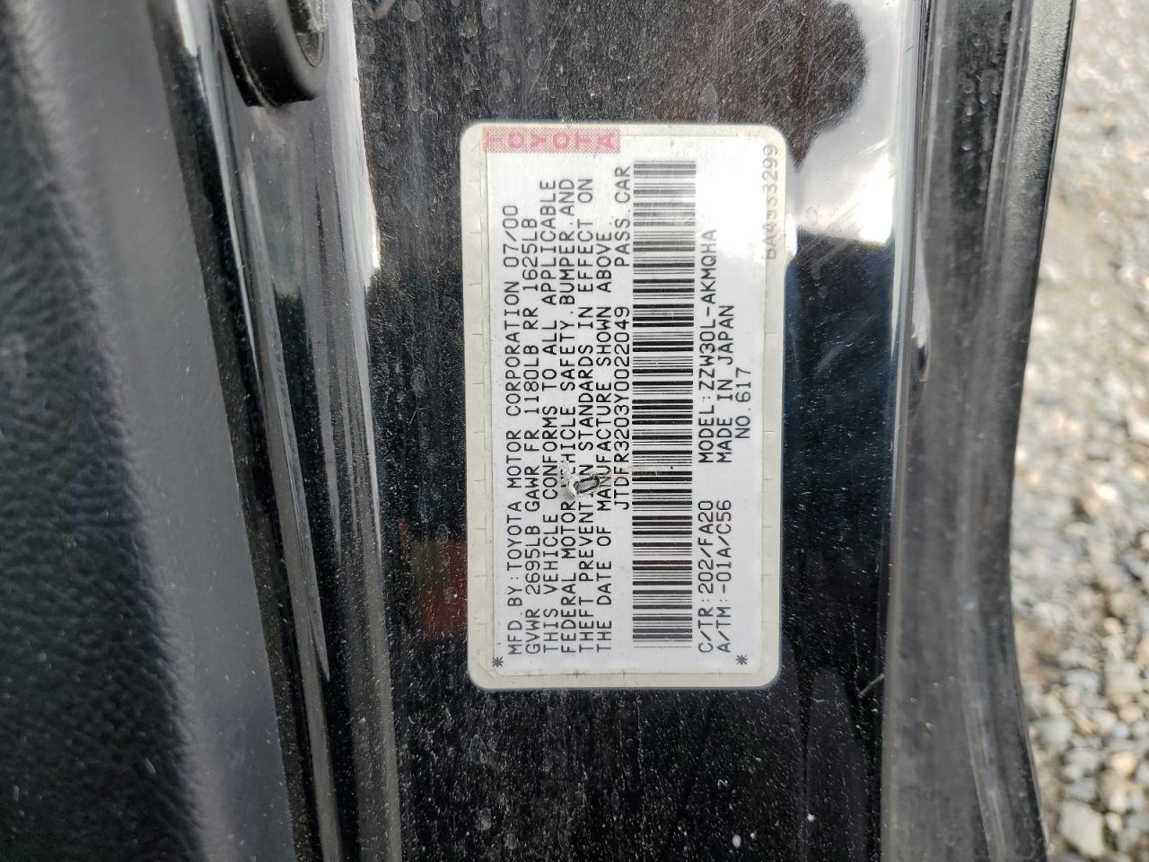 2000 Toyota Mr2 Spyder VIN: JTDFR3203Y0022049 Lot: 91112345