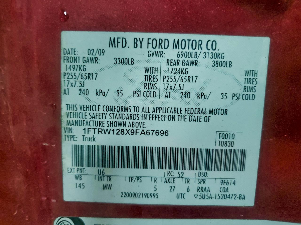 2009 Ford F150 Supercrew VIN: 1FTRW128X9FA67696 Lot: 93741445