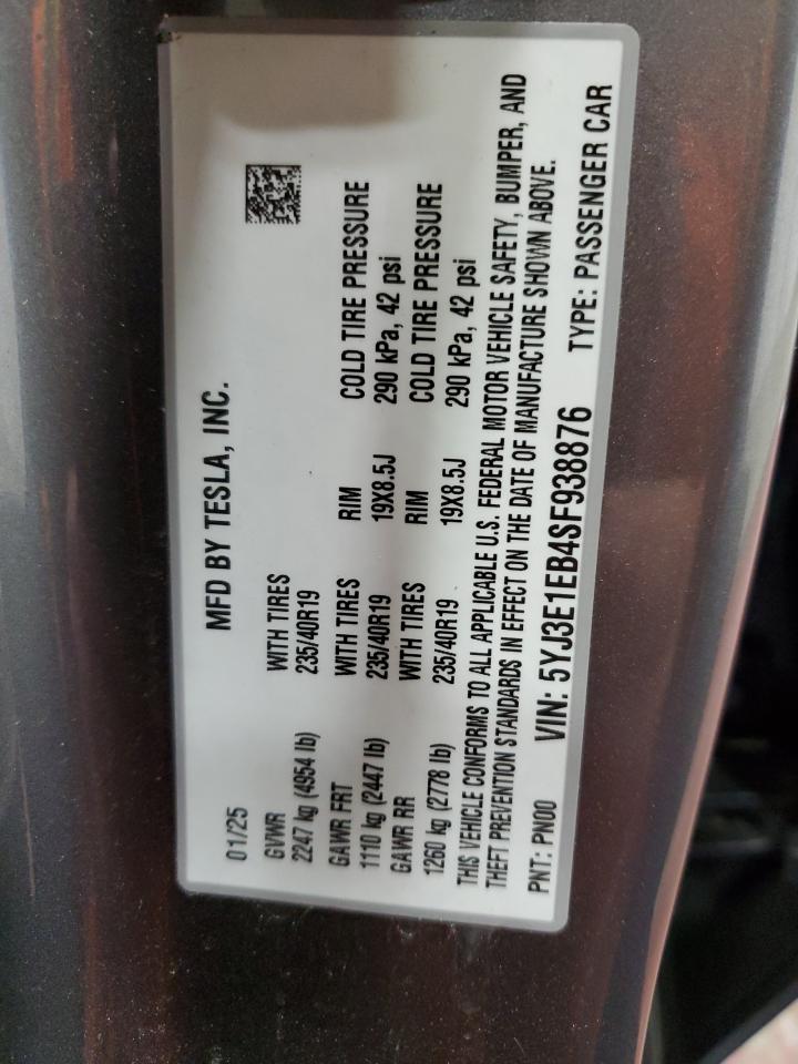 2025 Tesla Model 3 VIN: 5YJ3E1EB4SF938876 Lot: 91096115