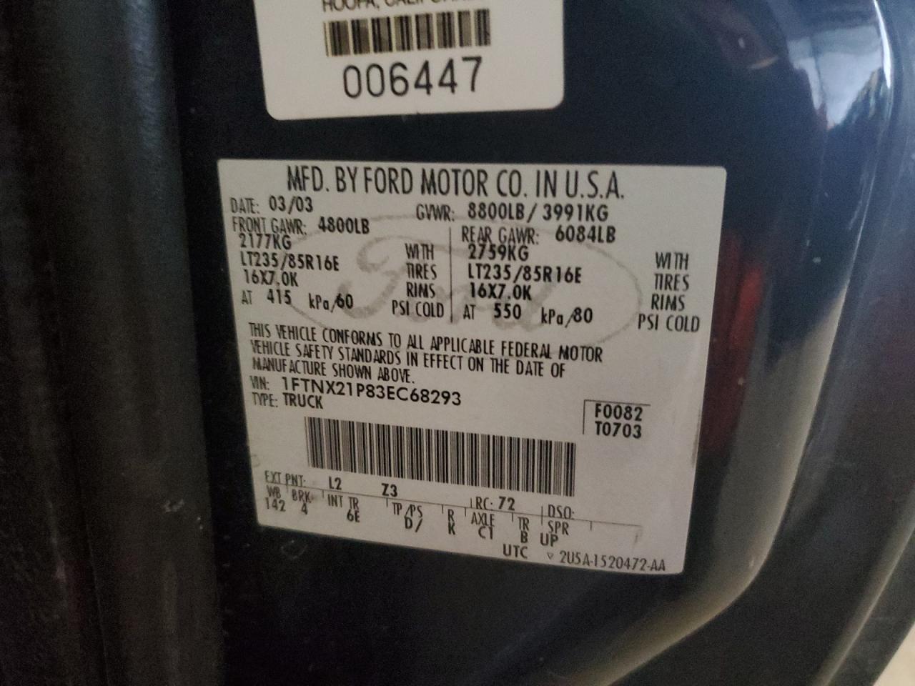 2003 Ford F250 Super Duty VIN: 1FTNX21P83EC68293 Lot: 90903335
