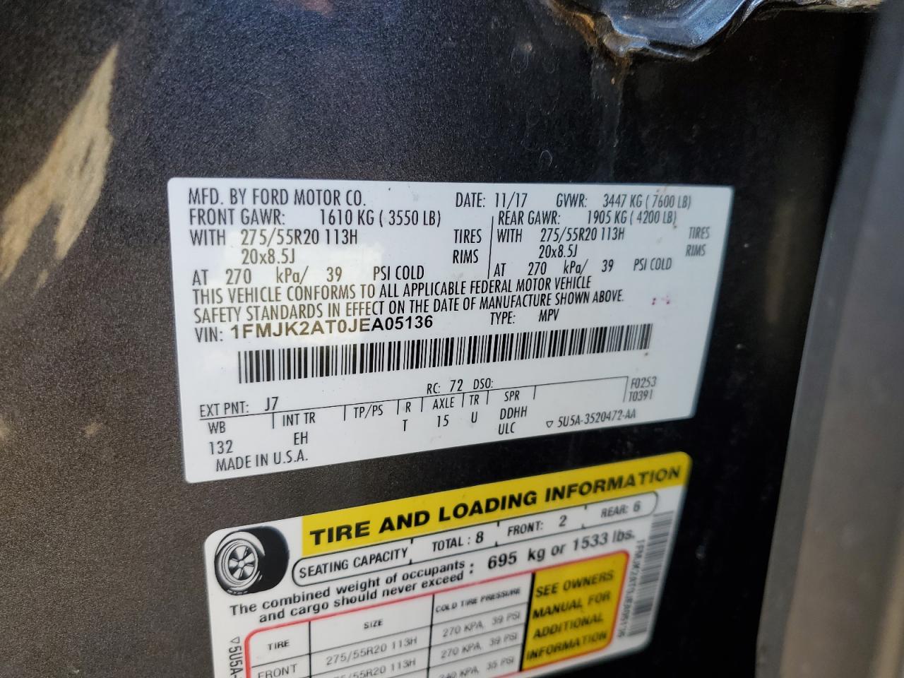 2018 Ford Expedition Max Limited VIN: 1FMJK2AT0JEA05136 Lot: 92918495