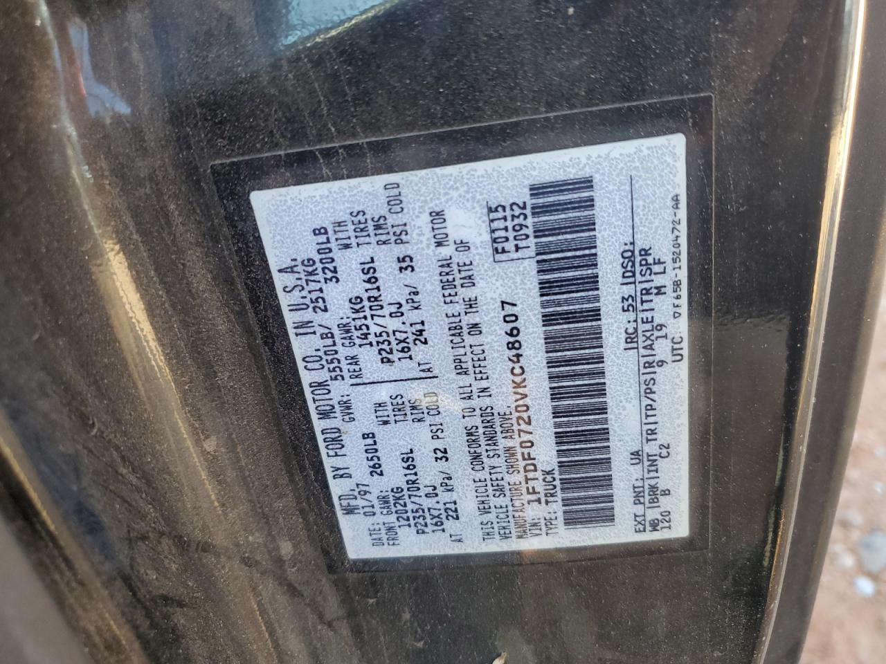 1997 Ford F150 VIN: 1FTDF0720VKC48607 Lot: 93511395