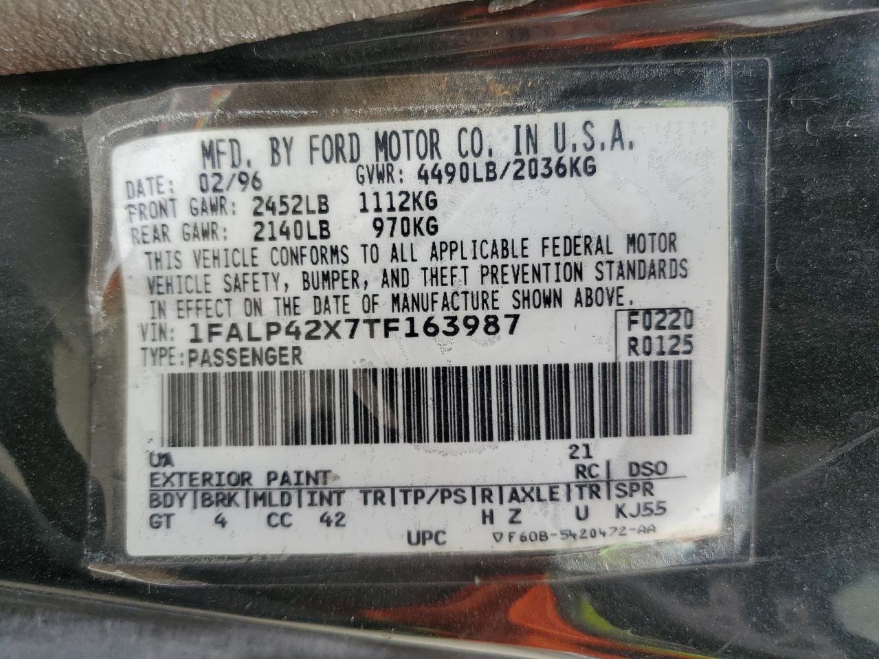 1996 Ford Mustang Gt VIN: 1FALP42X7TF163987 Lot: 93029765