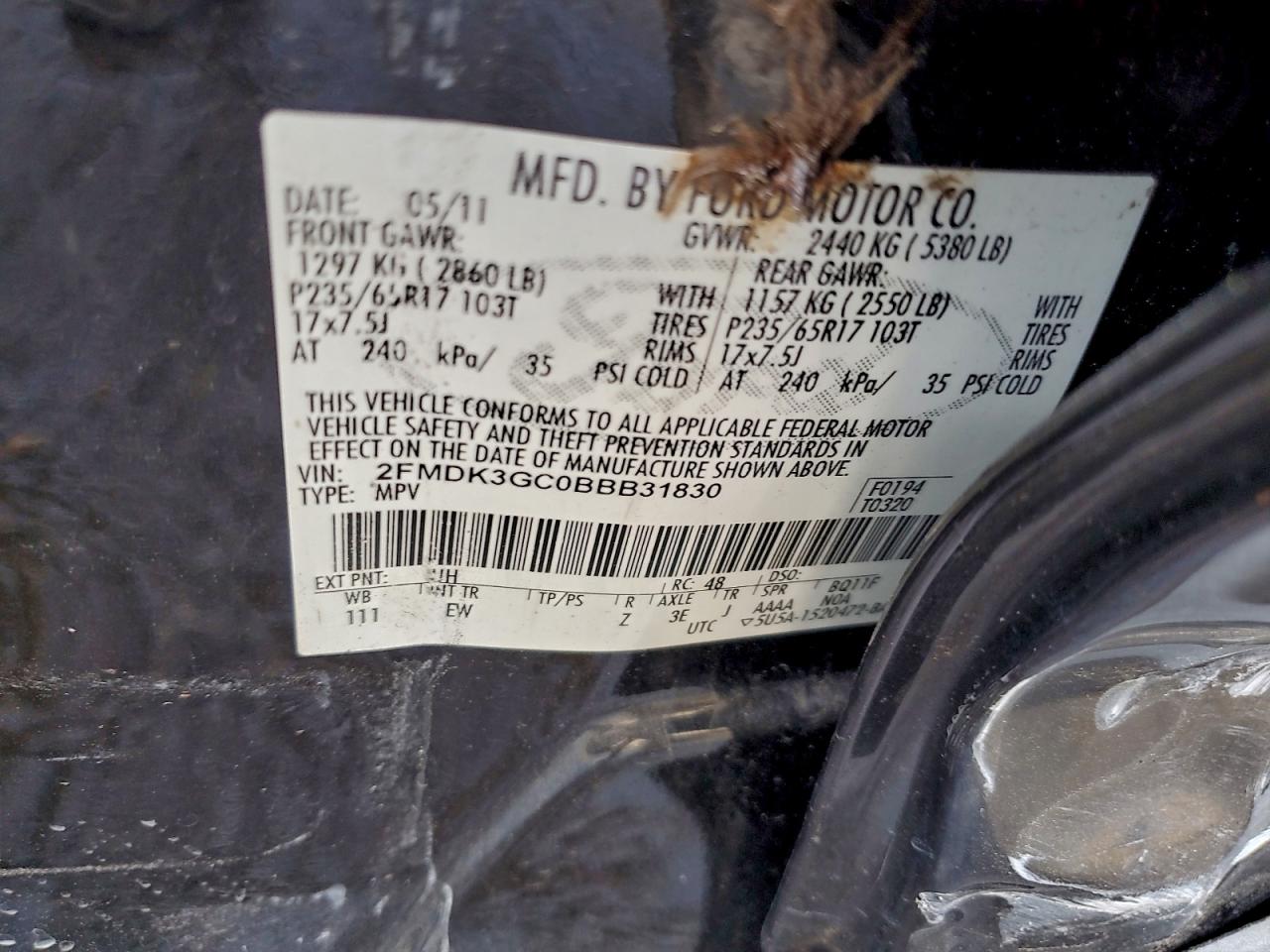 2011 Ford Edge Se VIN: 2FMDK3GC0BBB31830 Lot: 94085505