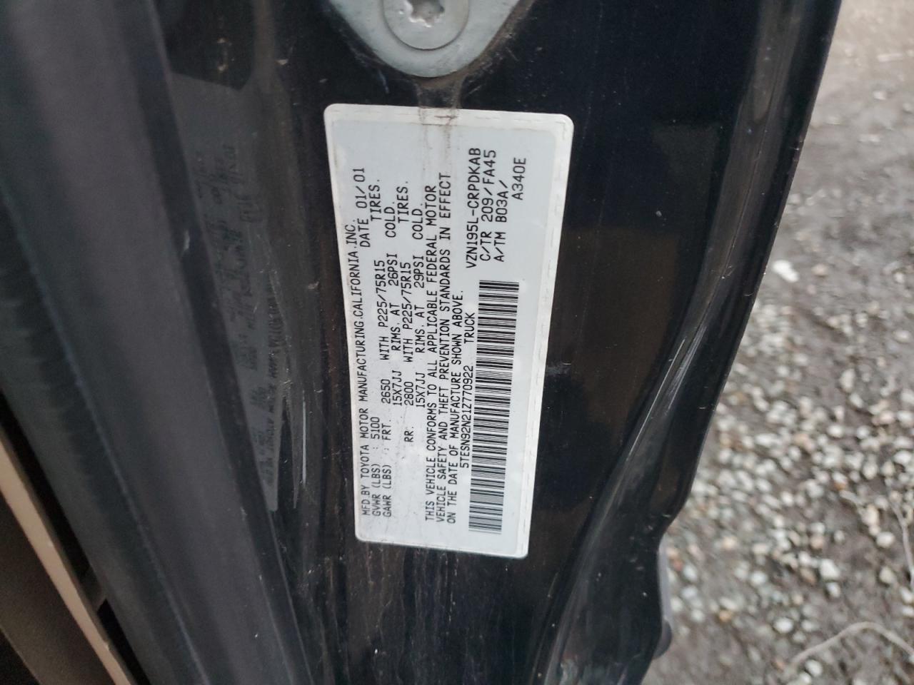 2001 Toyota Tacoma Xtracab Prerunner VIN: 5TESN92N21Z770922 Lot: 93088475