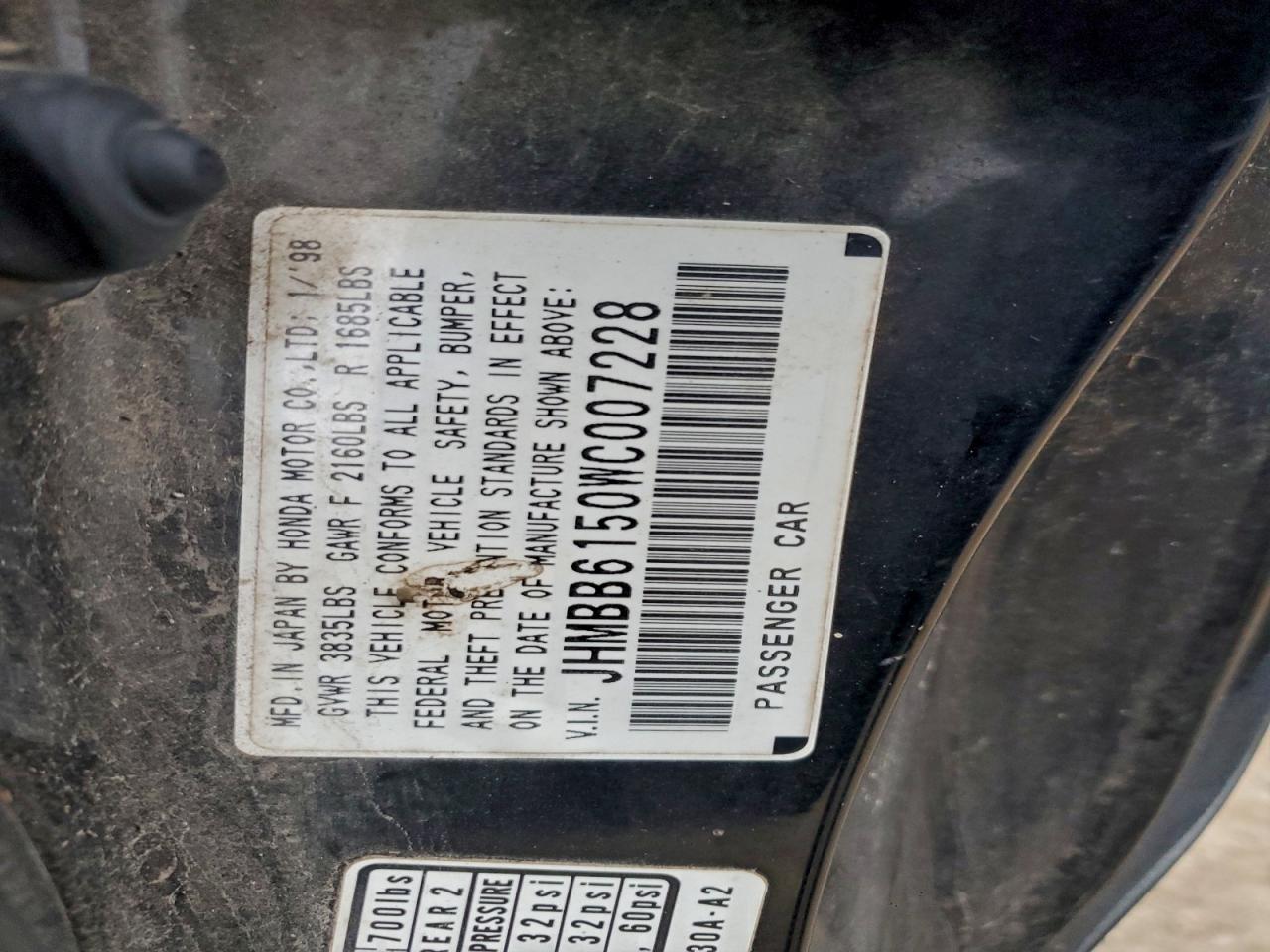 1998 Honda Prelude Sh VIN: JHMBB6150WC007228 Lot: 94159635