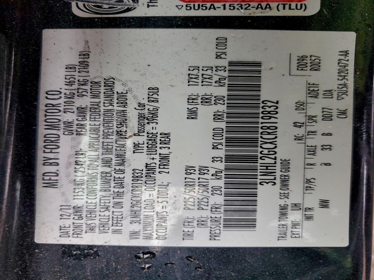 2012 Lincoln Mkz VIN: 3LNHL2GCXCR819832 Lot: 94542605