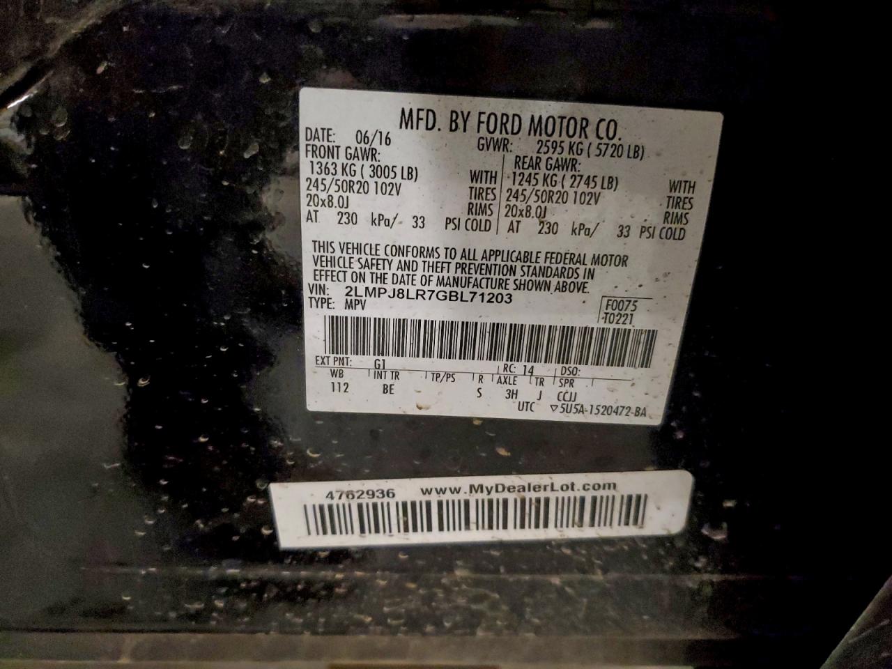 2016 Lincoln Mkx Reserve VIN: 2LMPJ8LR7GBL71203 Lot: 93613575