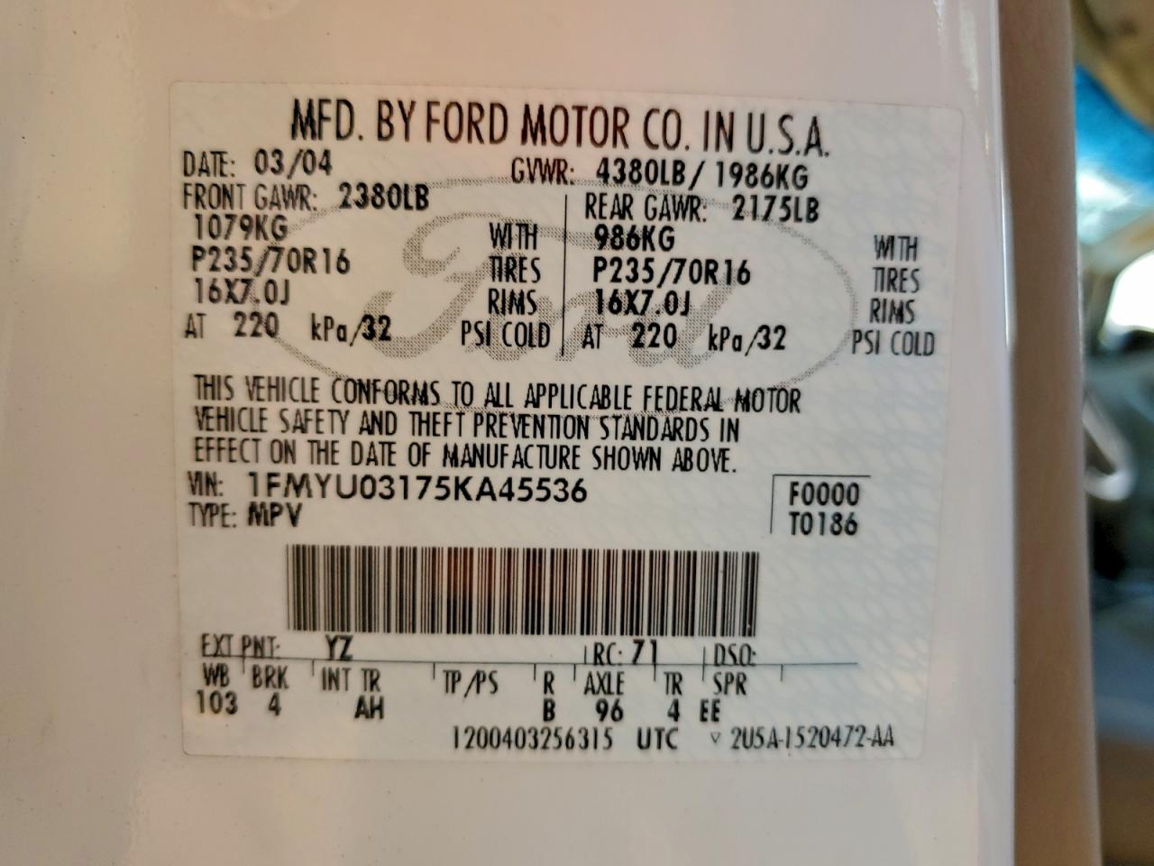 2005 Ford Escape Xlt VIN: 1FMYU03175KA45536 Lot: 93997655