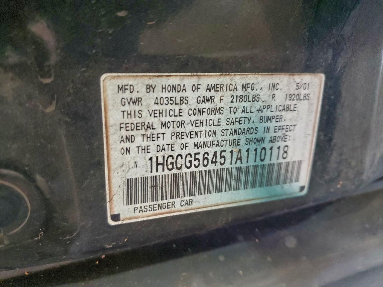 2001 Honda Accord Lx VIN: 1HGCG56451A110118 Lot: 94001595