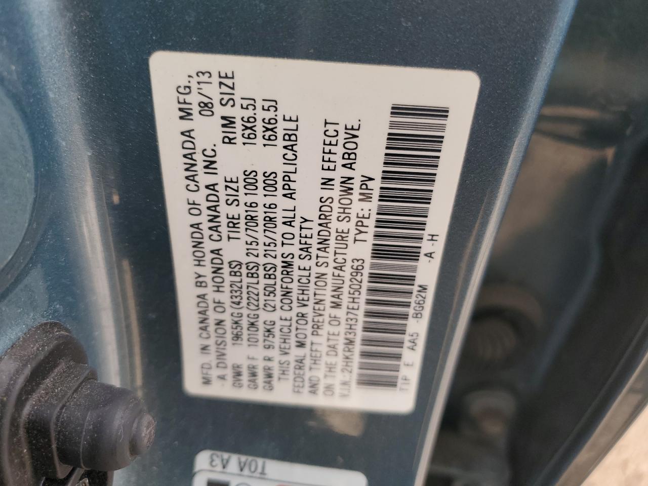 2014 Honda Cr-V Lx VIN: 2HKRM3H37EH502963 Lot: 91132465