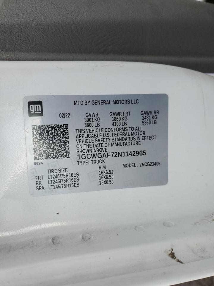 2022 Chevrolet Express G2500 VIN: 1GCWGAF72N1142965 Lot: 92882485