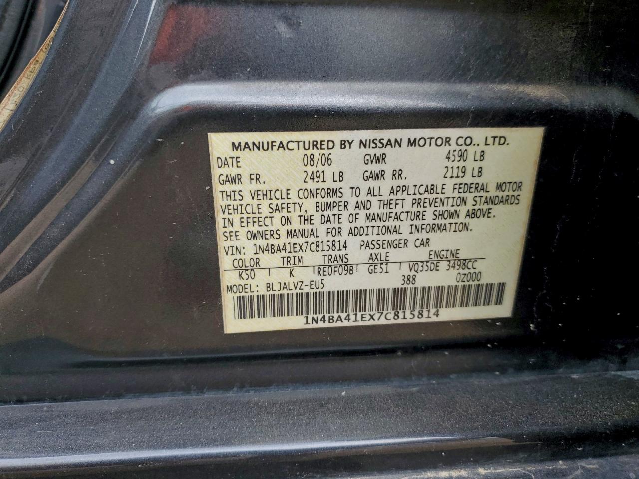 2007 Nissan Maxima Se VIN: 1N4BA41EX7C815814 Lot: 94259445