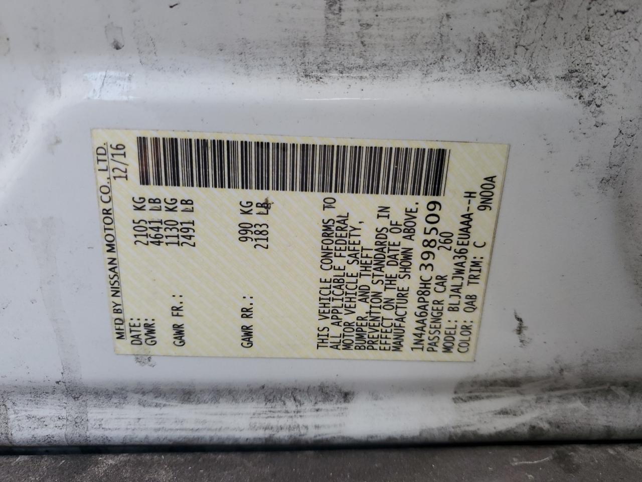 2017 Nissan Maxima 3.5S VIN: 1N4AA6AP8HC398509 Lot: 89490065