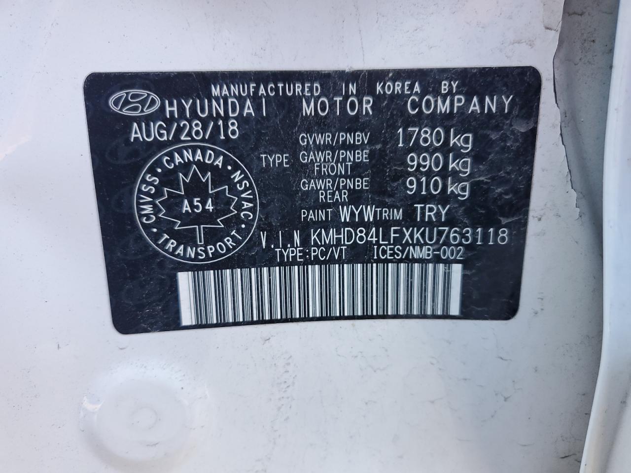 2019 Hyundai Elantra Sel VIN: KMHD84LFXKU763118 Lot: 93815195