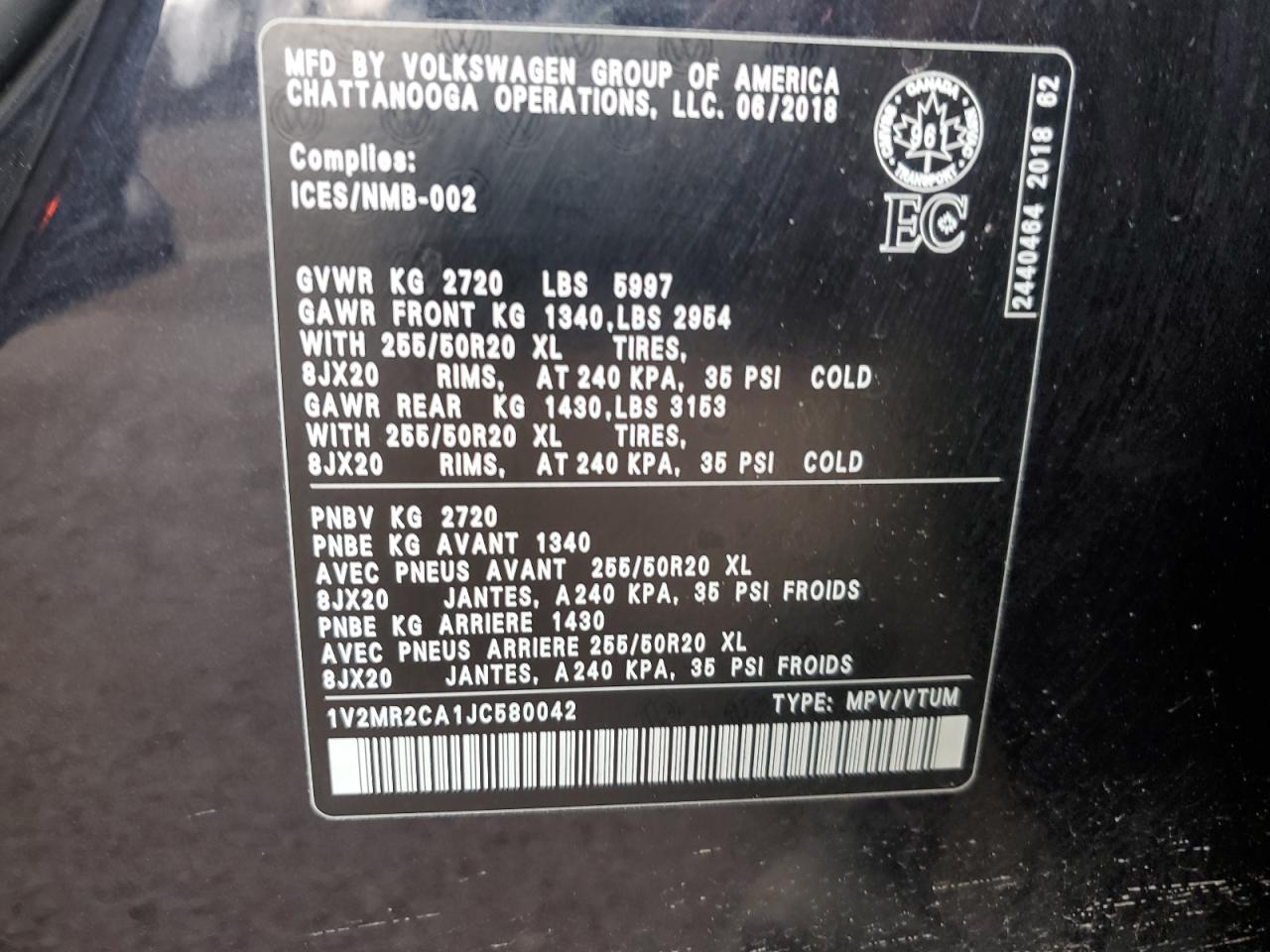2018 Volkswagen Atlas Sel VIN: 1V2MR2CA1JC580042 Lot: 91411525