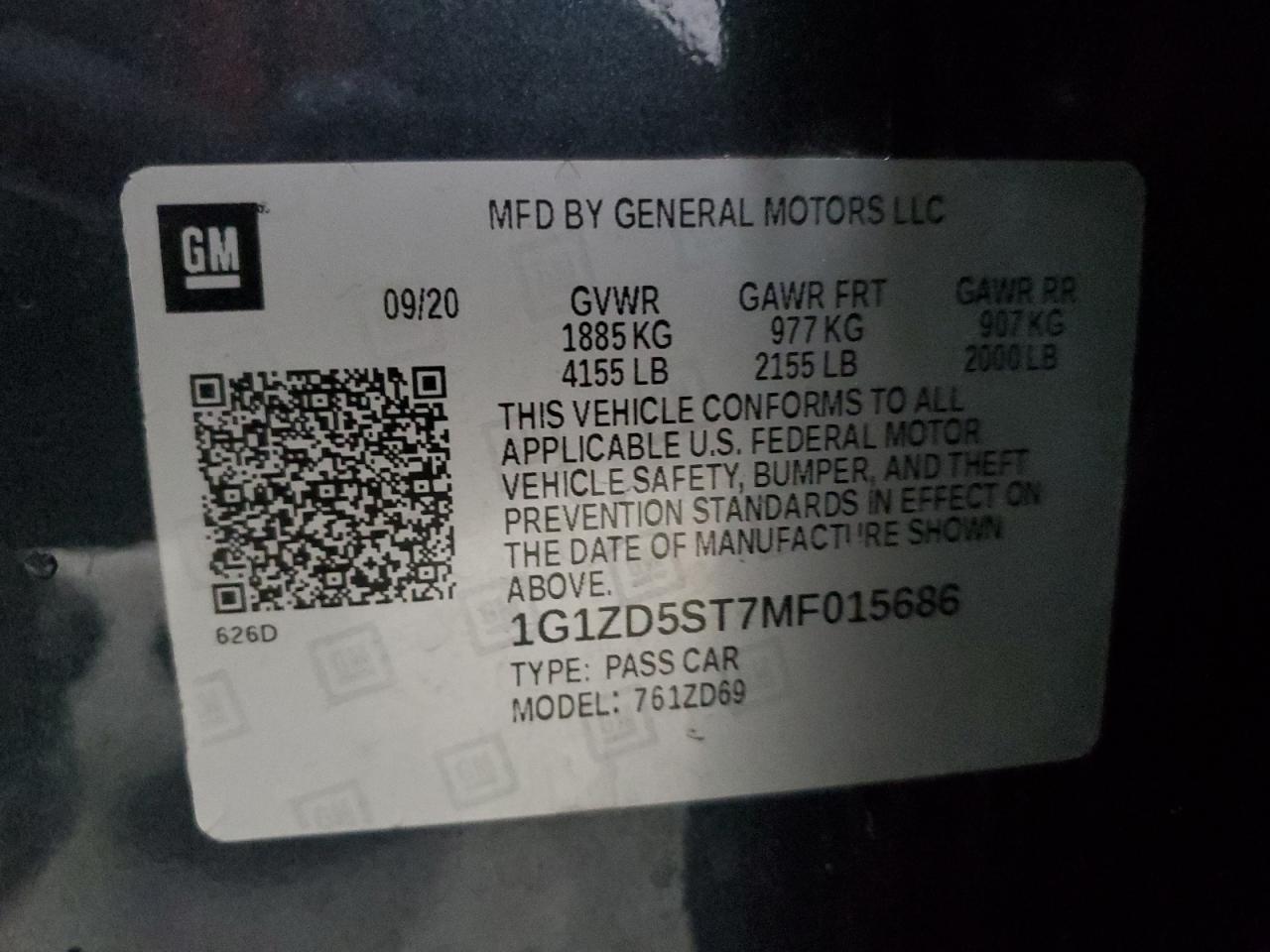 2021 Chevrolet Malibu Lt VIN: 1G1ZD5ST7MF015686 Lot: 93610215