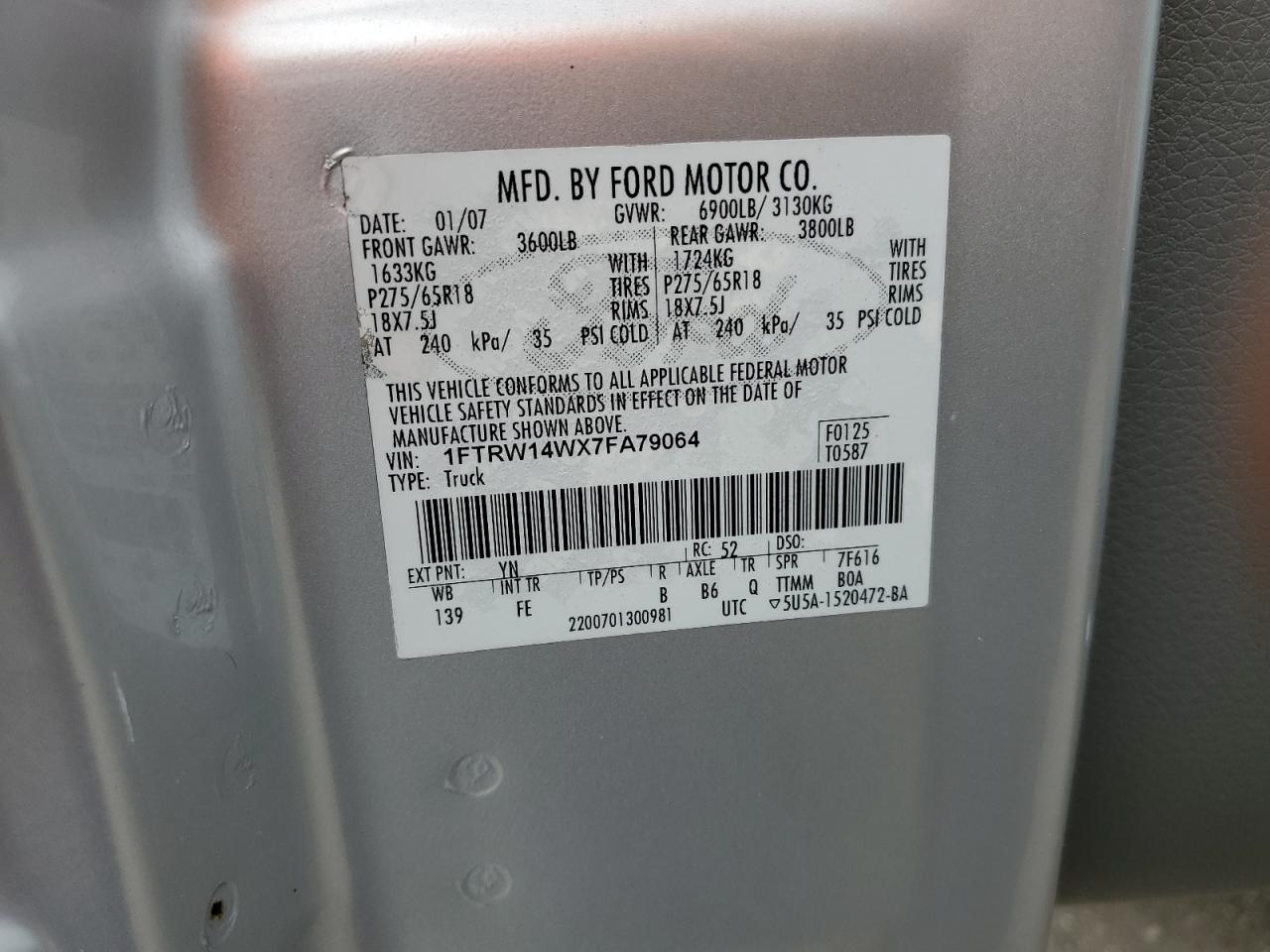 2007 Ford F150 Supercrew VIN: 1FTRW14WX7FA79064 Lot: 91353695