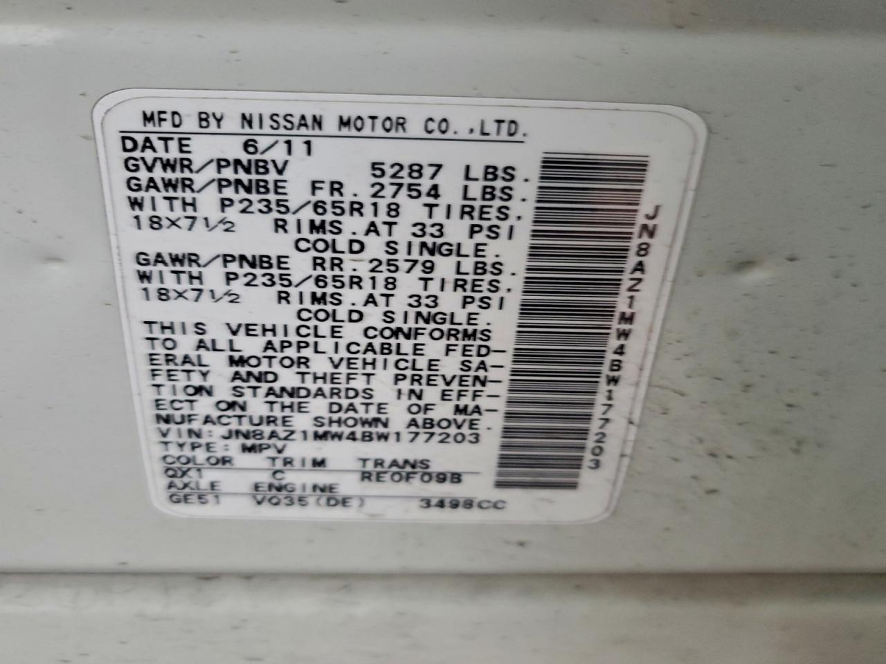 2011 Nissan Murano S VIN: JN8AZ1MW4BW177203 Lot: 82556245