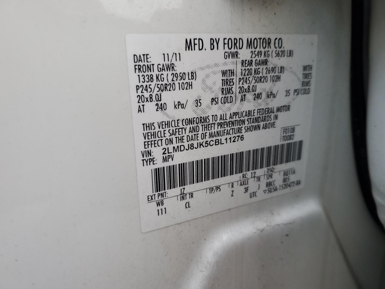 2012 Lincoln Mkx VIN: 2LMDJ8JK5CBL11276 Lot: 92096285