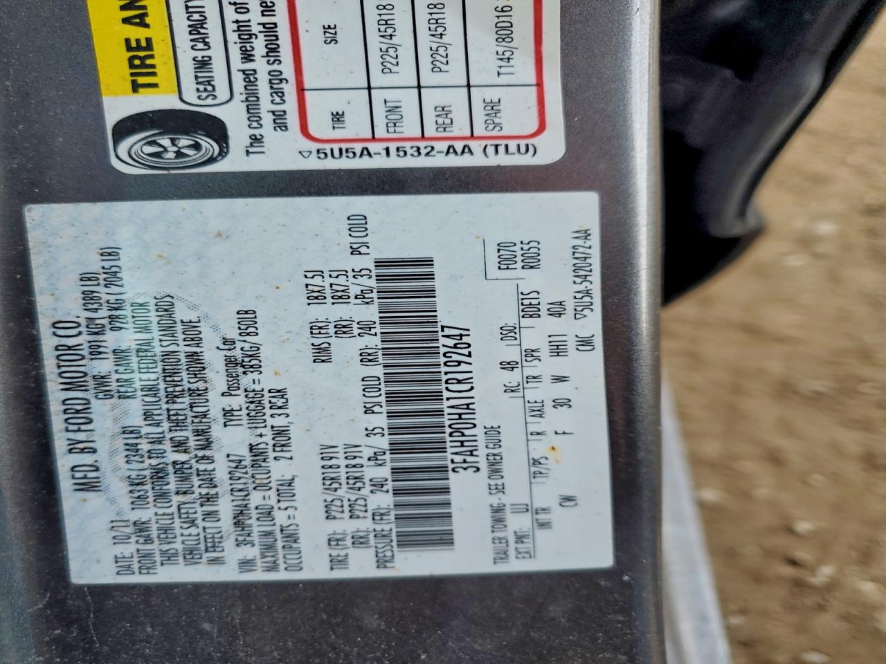 2012 Ford Fusion Se VIN: 3FAHP0HA1CR192647 Lot: 93532315