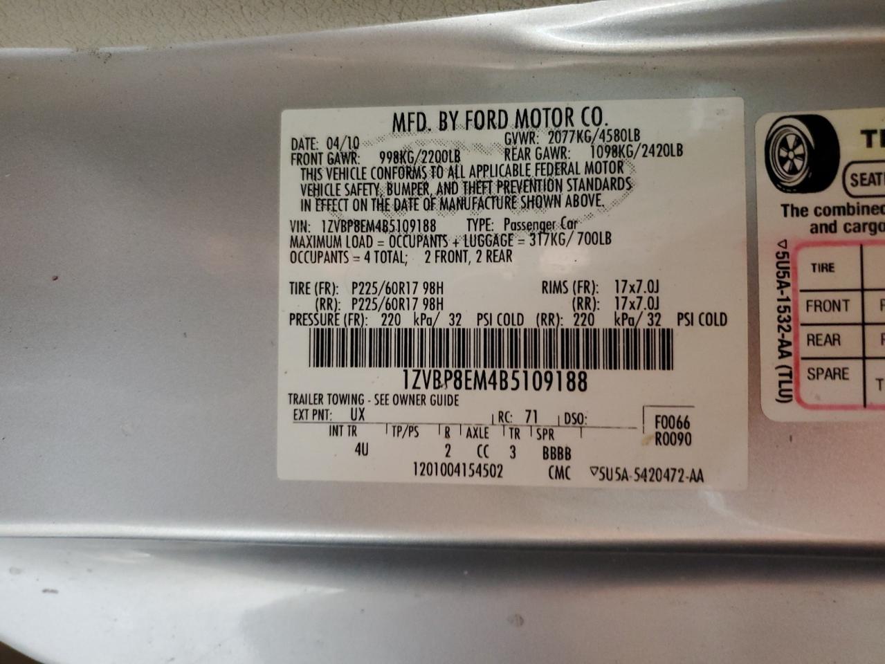 2011 Ford Mustang VIN: 1ZVBP8EM4B5109188 Lot: 91282475