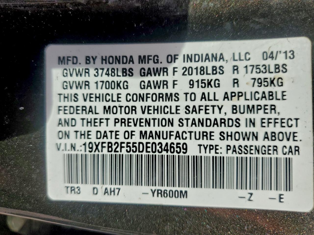 2013 Honda Civic Lx VIN: 19XFB2F55DE034659 Lot: 93510875