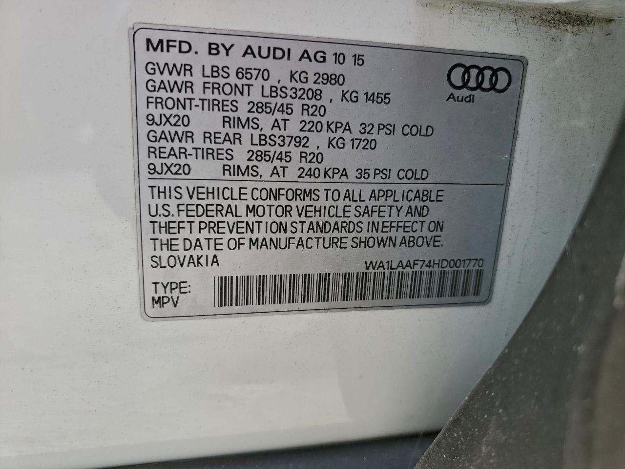 2017 Audi Q7 Premium Plus VIN: WA1LAAF74HD001770 Lot: 94337625