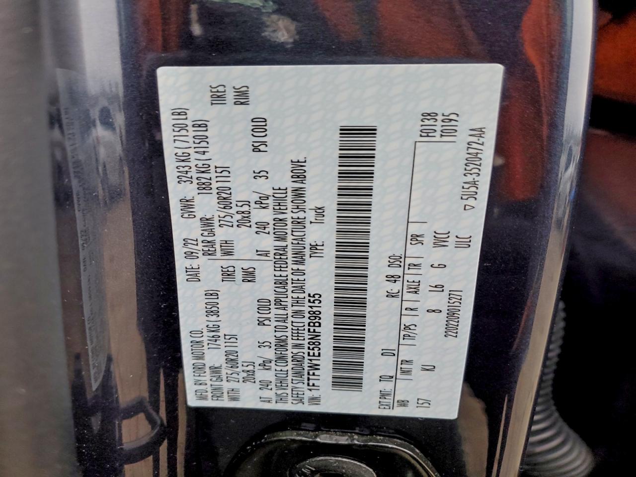 2022 Ford F150 Supercrew VIN: 1FTFW1E58NFB98155 Lot: 94602985