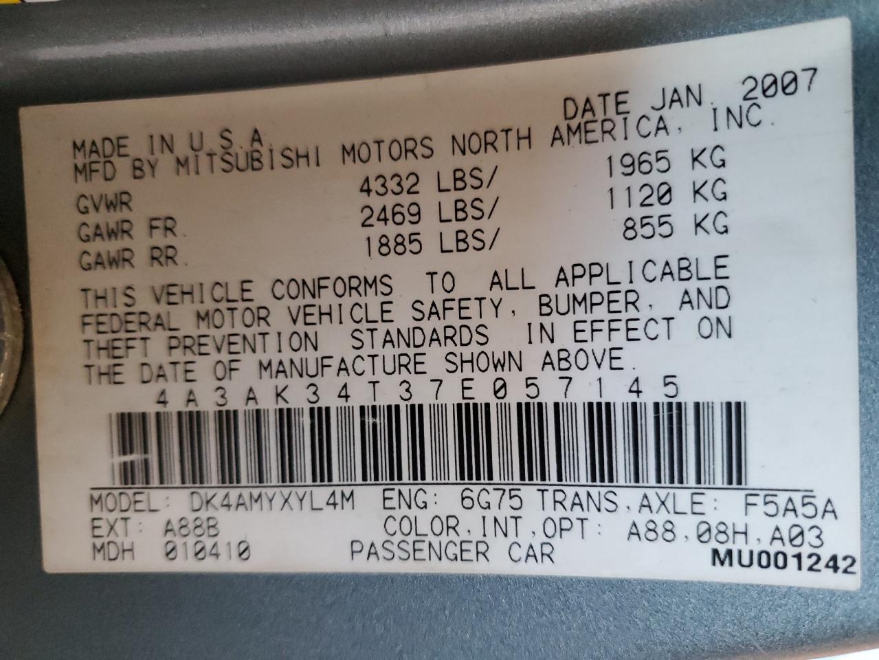 2007 Mitsubishi Eclipse Gt VIN: 4A3AK34T37E057145 Lot: 82769615