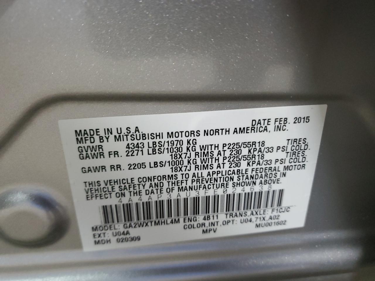 2015 Mitsubishi Outlander Sport Es VIN: 4A4AP3AU3FE024638 Lot: 91632665