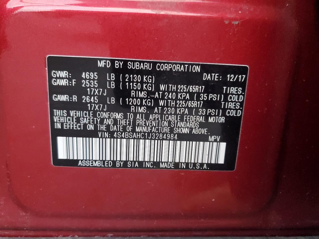 2018 Subaru Outback 2.5I Premium VIN: 4S4BSAHC1J3284984 Lot: 92294015