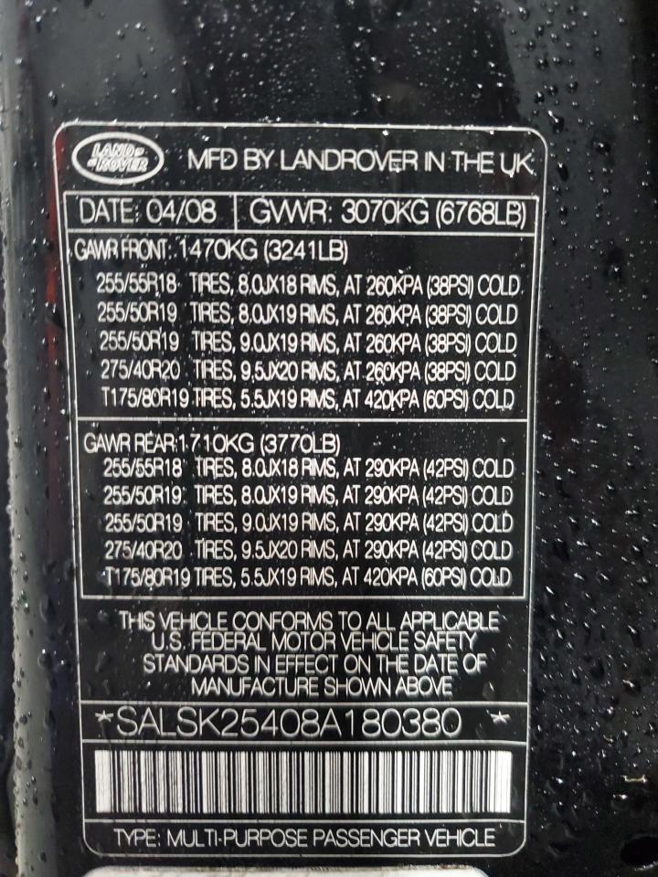 2008 Land Rover Range Rover Sport Hse VIN: SALSK25408A180380 Lot: 93671085