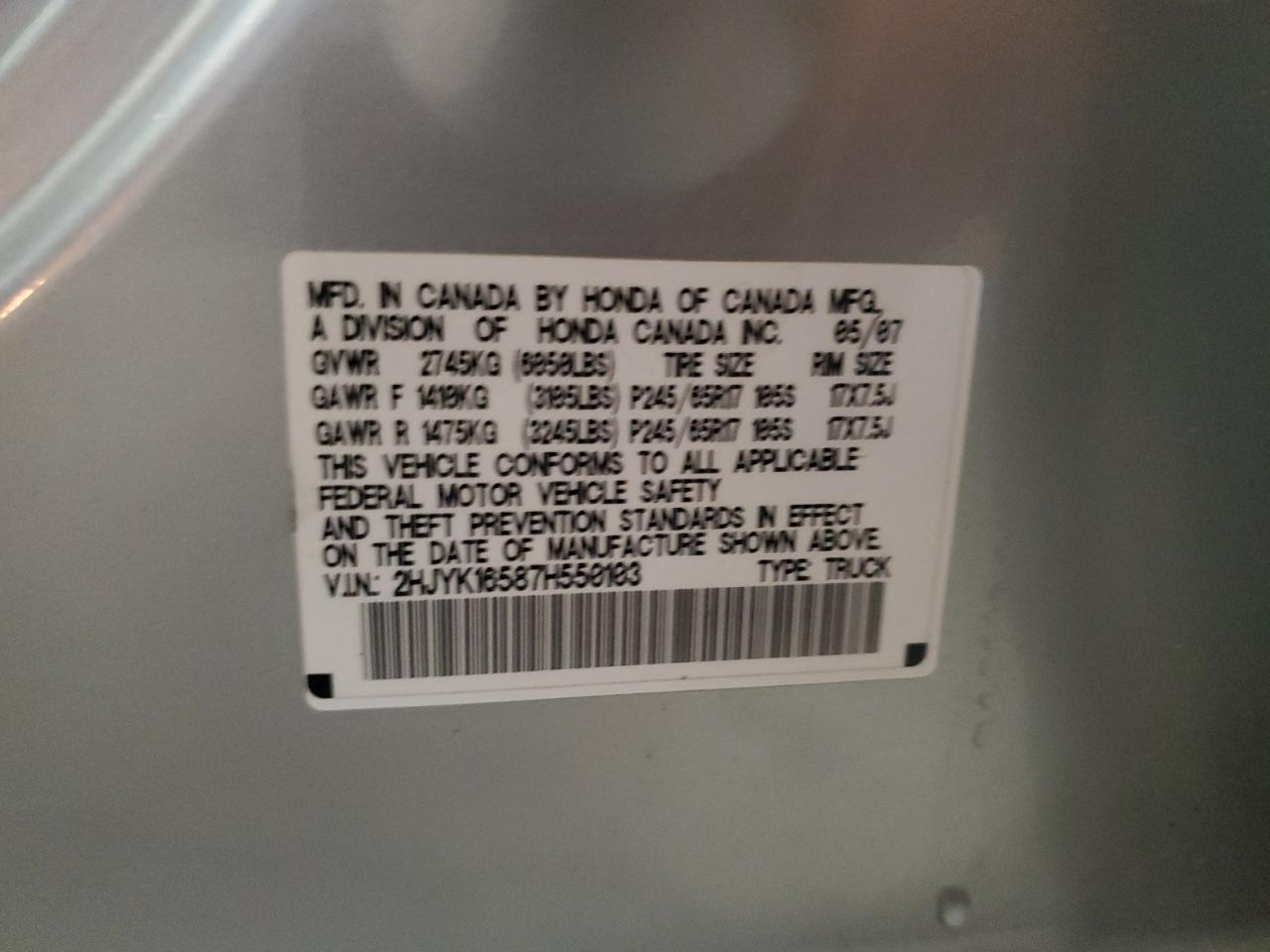 2007 Honda Ridgeline Rtl VIN: 2HJYK16587H550103 Lot: 93349725