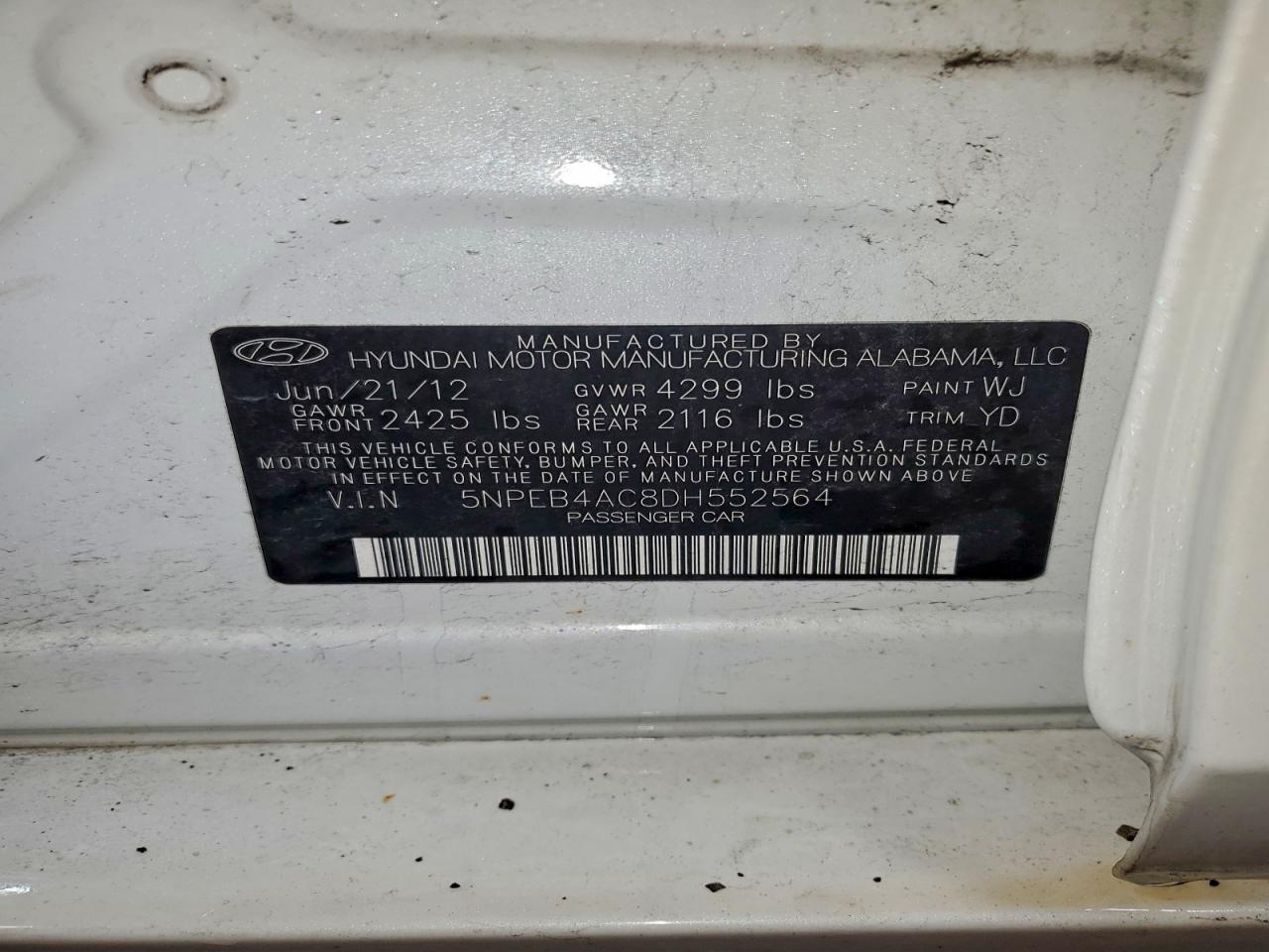 2013 Hyundai Sonata Gls VIN: 5NPEB4AC8DH552564 Lot: 93942025