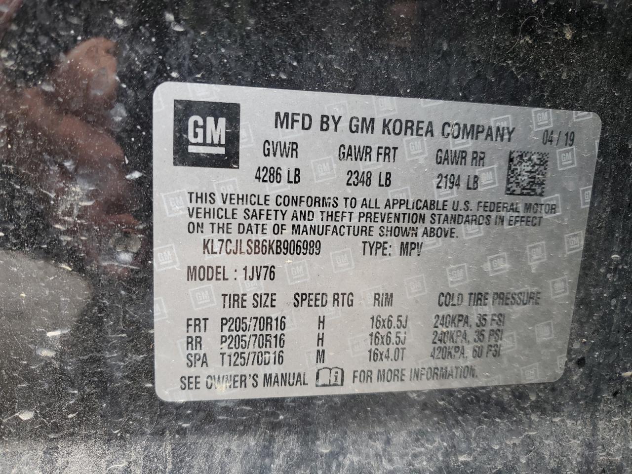 2019 Chevrolet Trax 1Lt VIN: KL7CJLSB6KB906989 Lot: 92158325