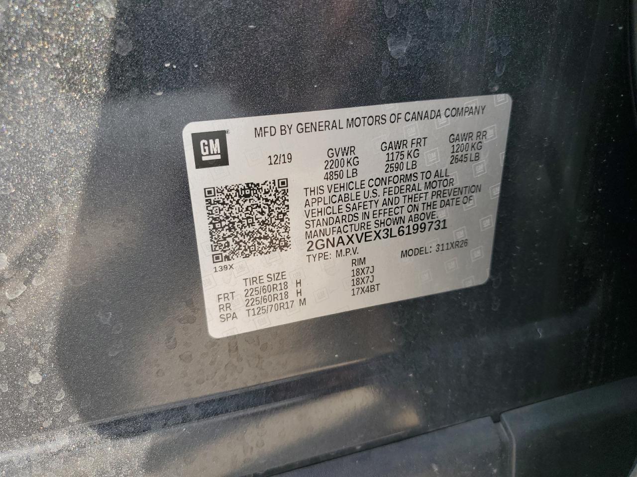 2020 Chevrolet Equinox Lt VIN: 2GNAXVEX3L6199731 Lot: 93561465