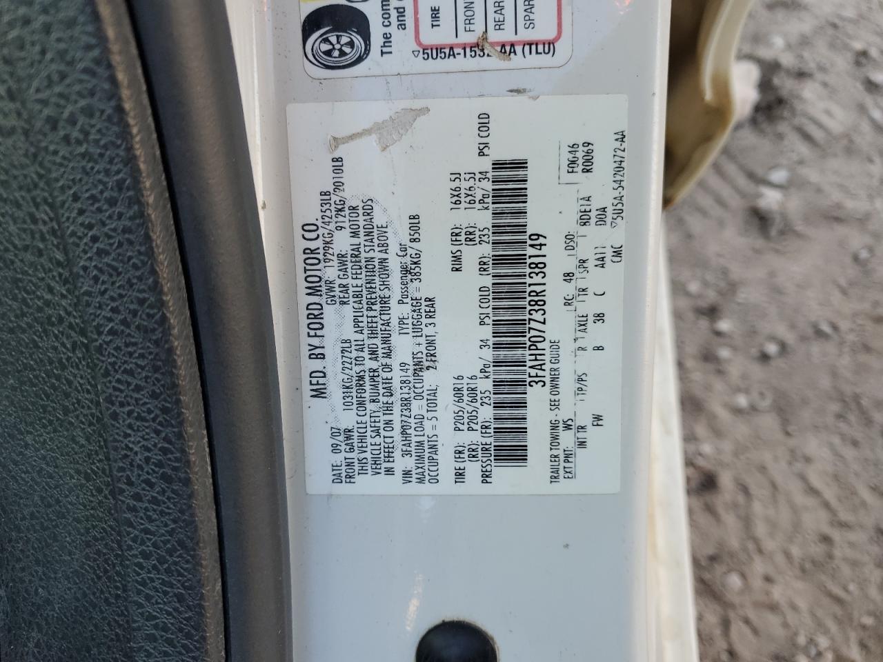 2008 Ford Fusion Se VIN: 3FAHP07Z38R138149 Lot: 93121055