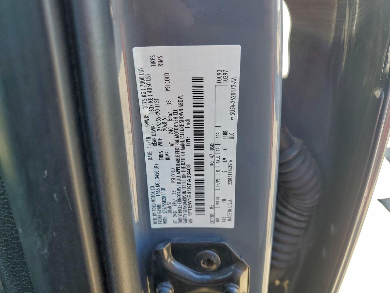 2019 Ford F150 Supercrew VIN: 1FTEW1E41KFA33403 Lot: 94000365